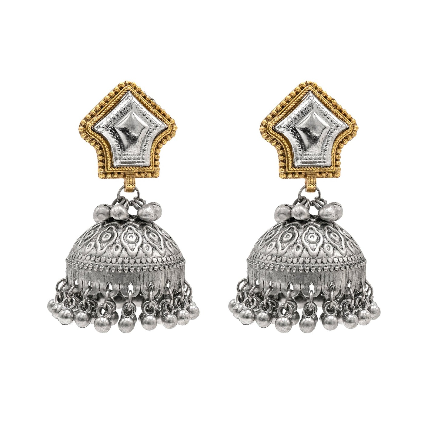 Traditional Indian Dual Tone Plated CZ, Studded Drop Dangle Pearl Oversized Jhumka Jhumki Earrings for women (SJE_302_S)