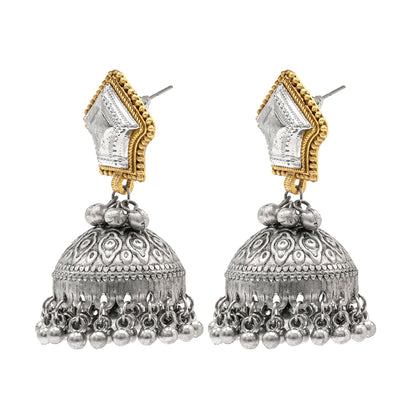 Traditional Indian Dual Tone Plated CZ, Studded Drop Dangle Pearl Oversized Jhumka Jhumki Earrings for women (SJE_302_S)