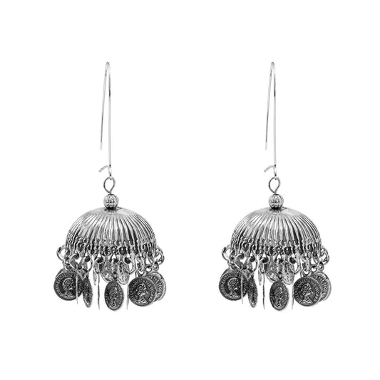 Traditional Indian Oxidized Antique Silver Plated Fish Hook Large size Jhumka with Vintage Coin hangings for Women (SJE_303_A.S)