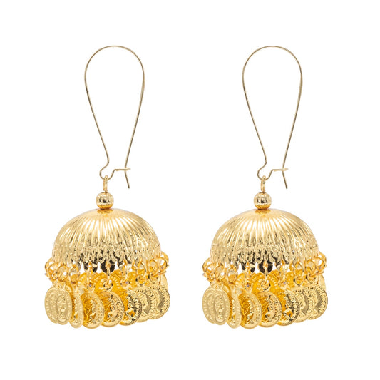 Traditional Indian Gold Plated Fish Hook Large size Jhumka with Vintage Coin hangings for Women (SJE_303_G)
