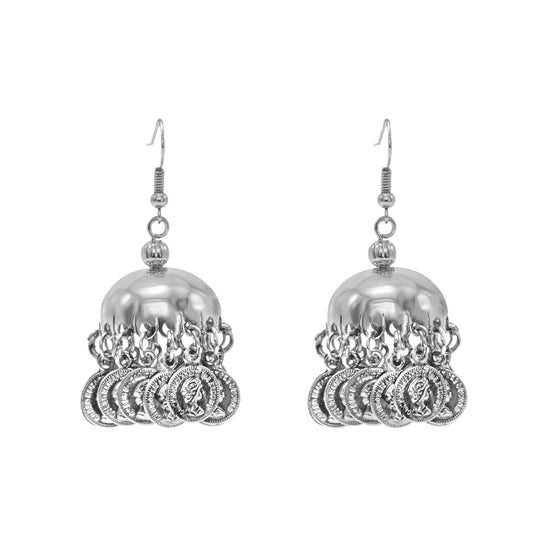 Traditional Indian Oxidized Silver Plated , Drop Small Size Jhumka with Vintage Coin hangings for women (SJE_304_S)