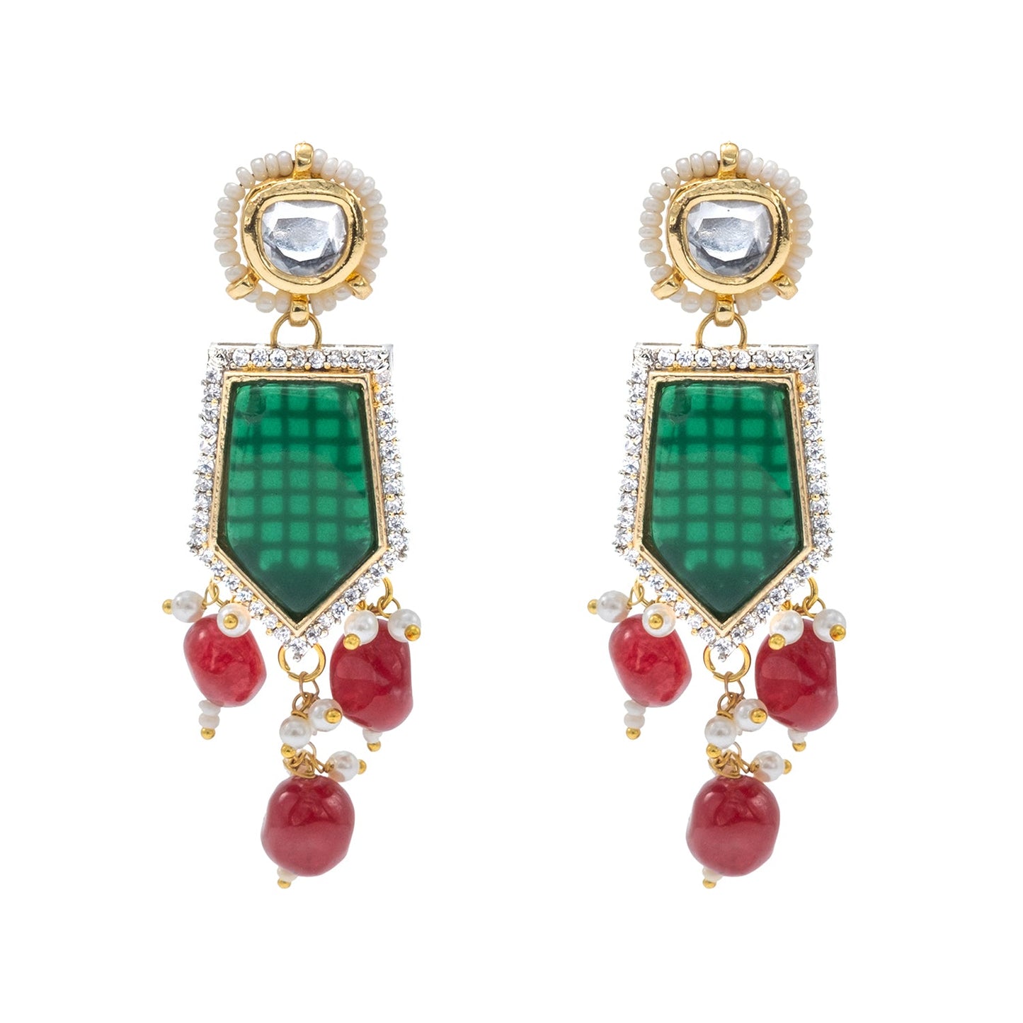 Traditional Indian Gold Plated AD, CZ, Crystal, Pearl, Medium Sized Partywear Drop Earrings for Women (SJE_305_G)
