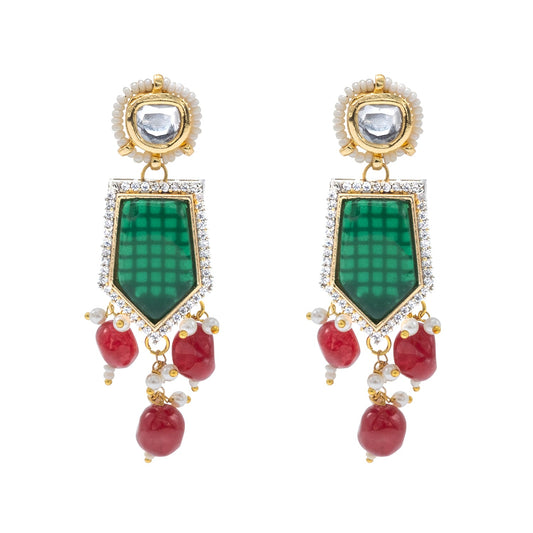 Traditional Indian Gold Plated AD, CZ, Crystal, Pearl, Medium Sized Partywear Drop Earrings for Women (SJE_305_G)
