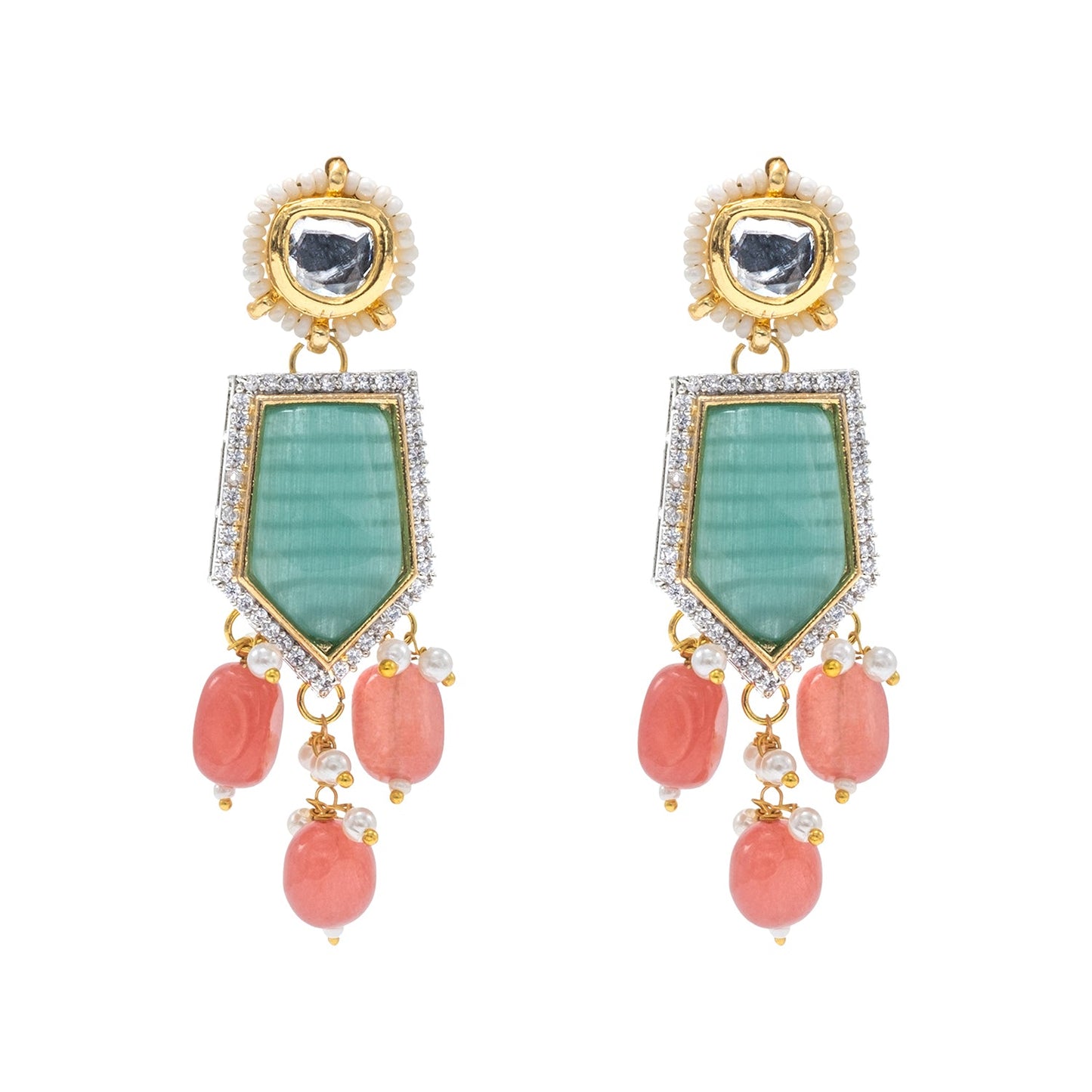 Traditional Indian Gold Plated AD, CZ, Crystal, Pearl, Medium Sized Partywear Drop Earrings for Women (SJE_305_LG)