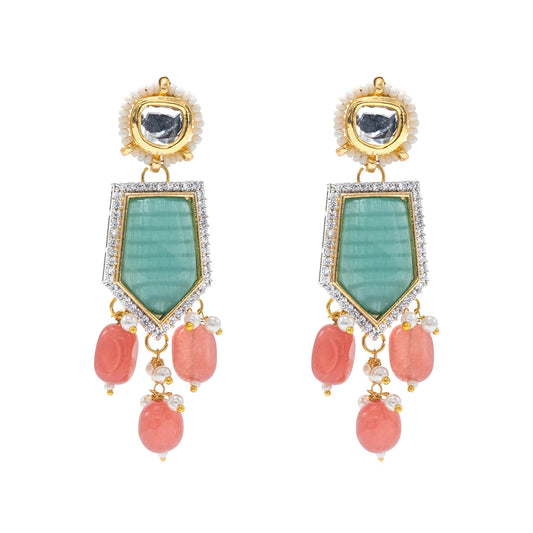 Traditional Indian Gold Plated AD, CZ, Crystal, Pearl, Medium Sized Partywear Drop Earrings for Women (SJE_305_LG)