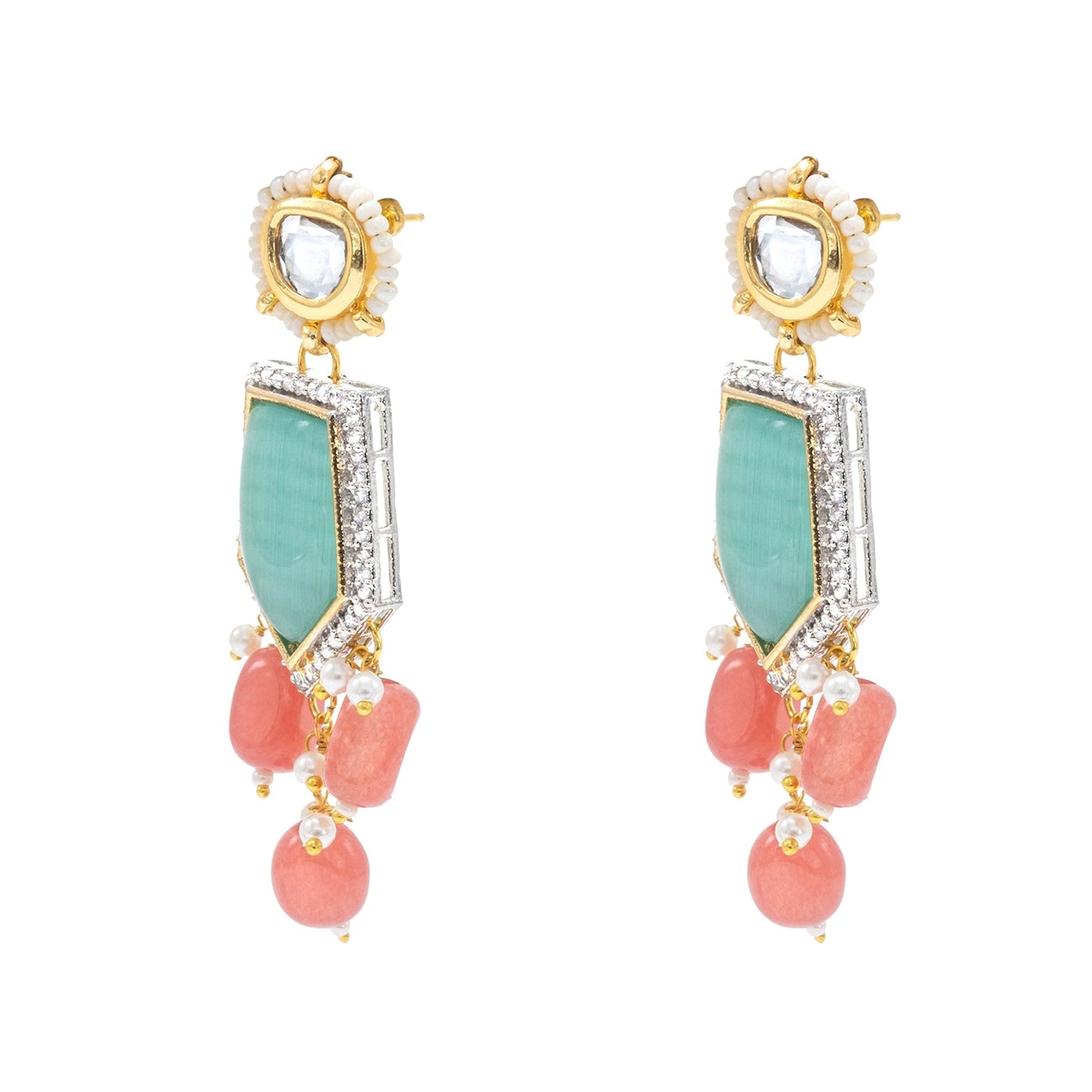 Traditional Indian Gold Plated AD, CZ, Crystal, Pearl, Medium Sized Partywear Drop Earrings for Women (SJE_305_LG)