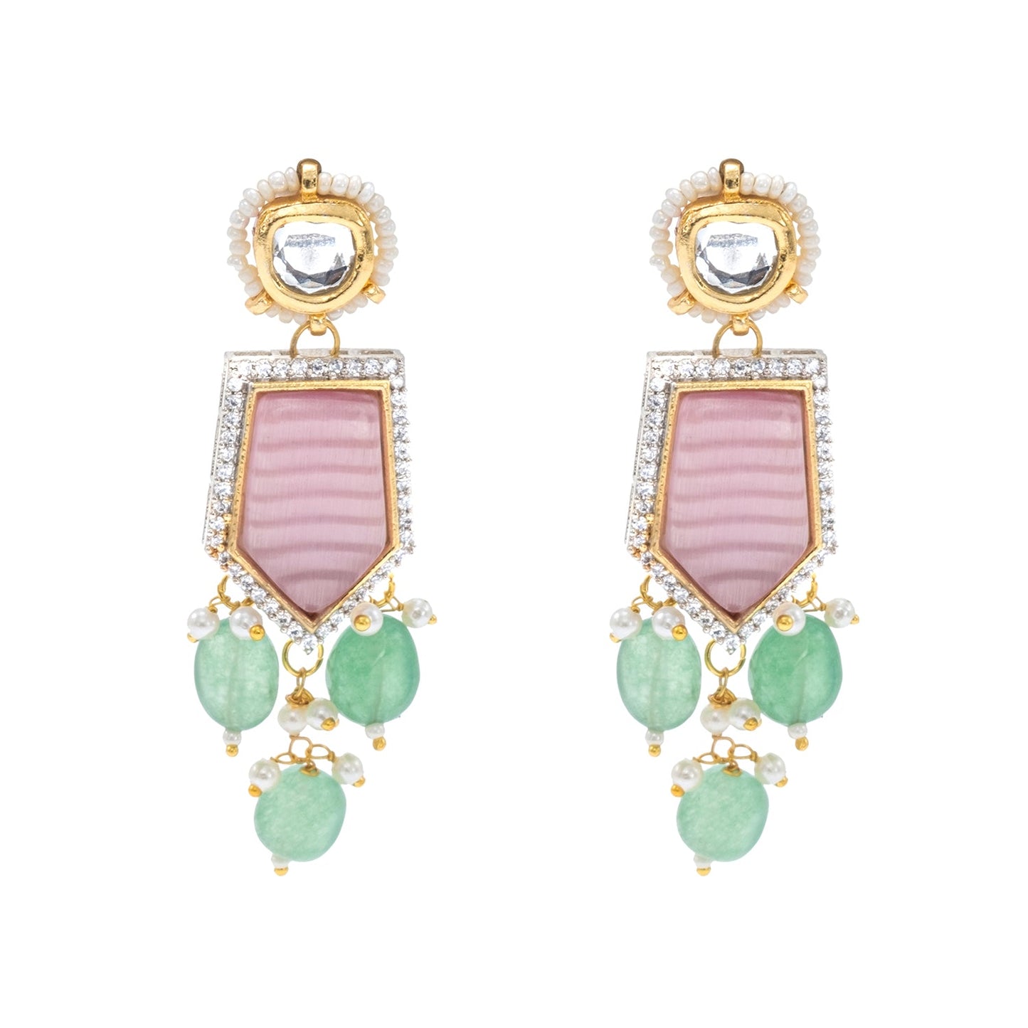 Traditional Indian Gold Plated AD, CZ, Crystal, Pearl, Medium Sized Partywear Drop Earrings for Women (SJE_305_LP)