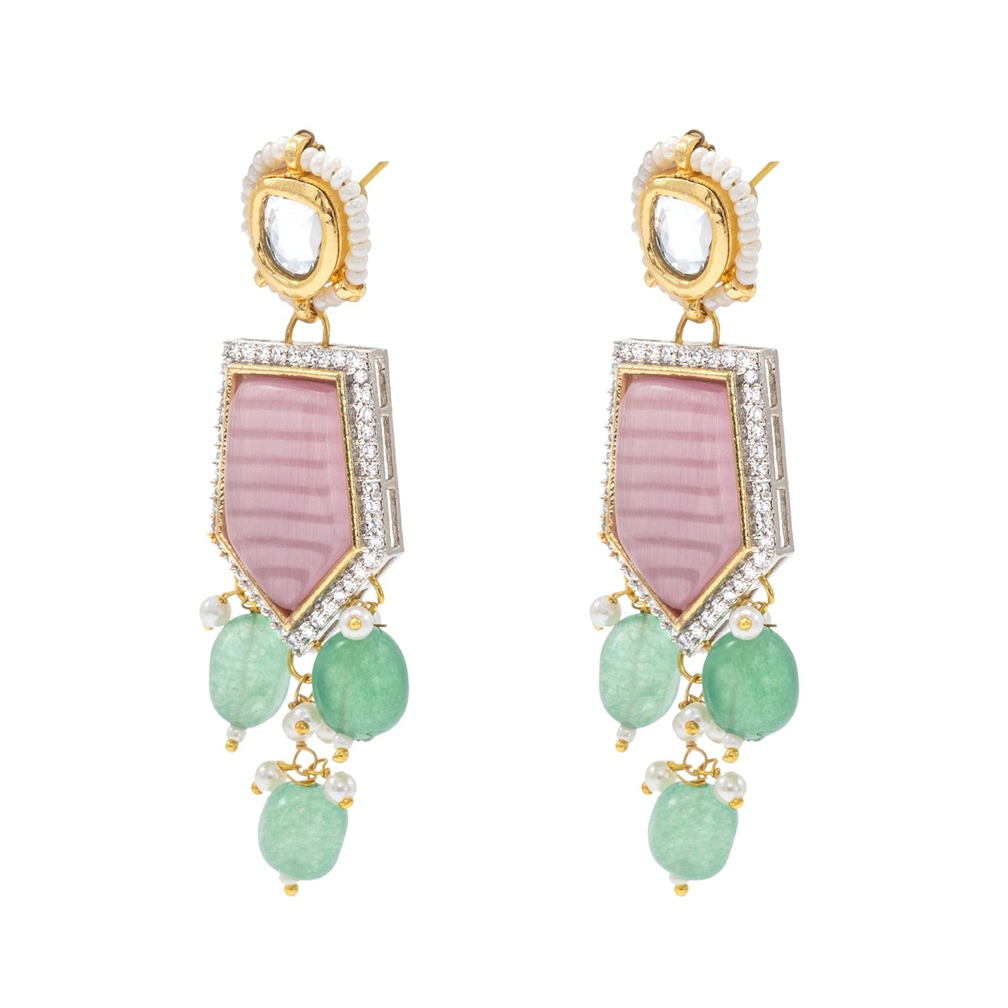 Traditional Indian Gold Plated AD, CZ, Crystal, Pearl, Medium Sized Partywear Drop Earrings for Women (SJE_305_LP)