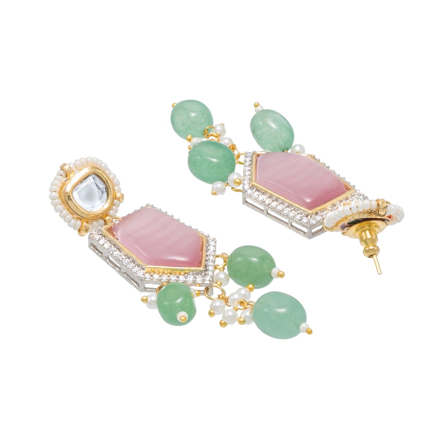 Traditional Indian Gold Plated AD, CZ, Crystal, Pearl, Medium Sized Partywear Drop Earrings for Women (SJE_305_LP)