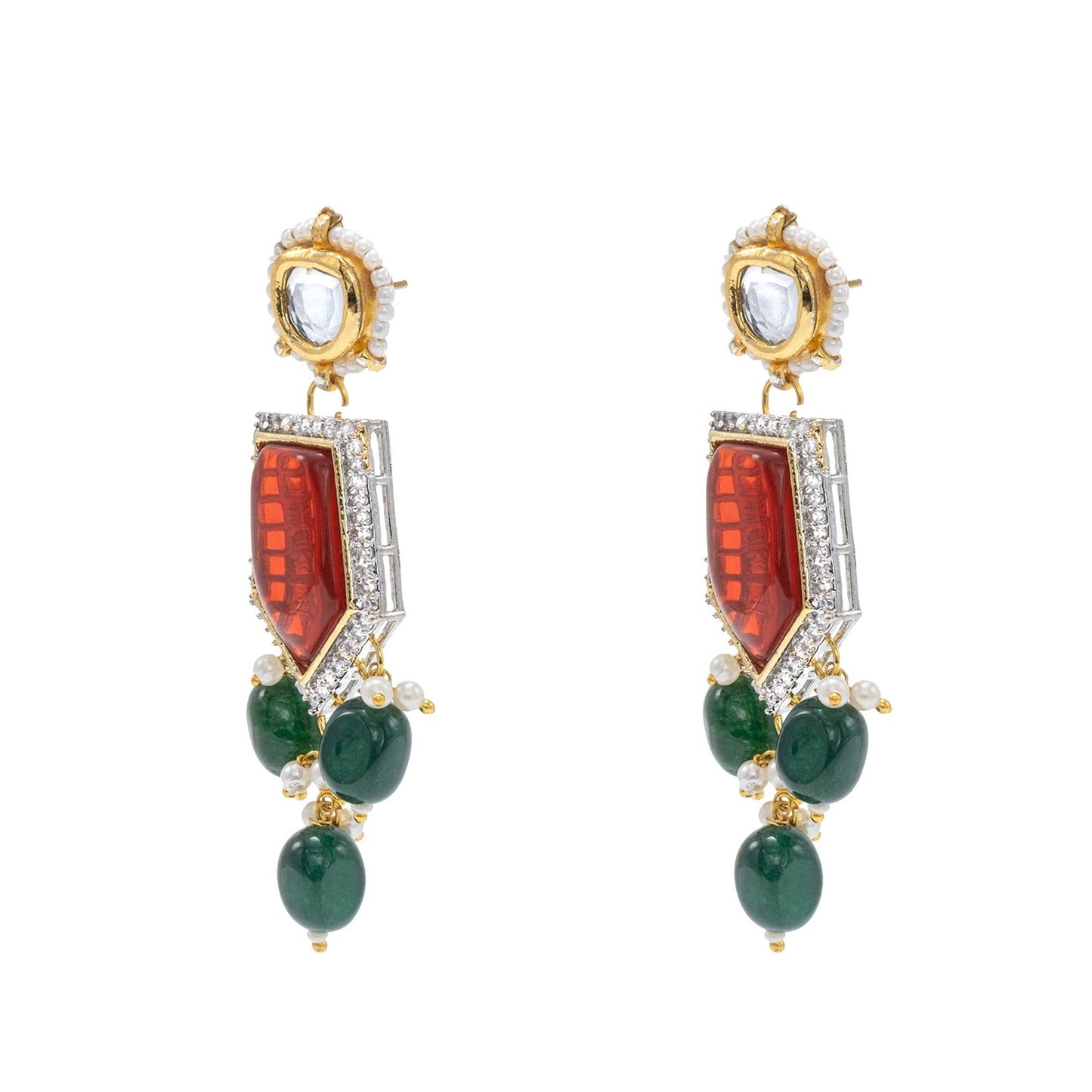 Traditional Indian Gold Plated AD, CZ, Crystal, Pearl, Medium Sized Partywear Drop Earrings for Women (SJE_305_M)