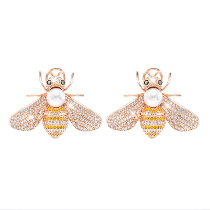 Western Design, CZ, Zirconia, Crystals, Pearls Rhodium Silver Plated Large Size Honey Bee Mosquito Bug Earrings for Women - (SJE_307_RG_Y)