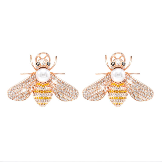 Western Design, CZ, Zirconia, Crystals, Pearls Rhodium Silver Plated Large Size Honey Bee Mosquito Bug Earrings for Women - (SJE_307_RG_Y)