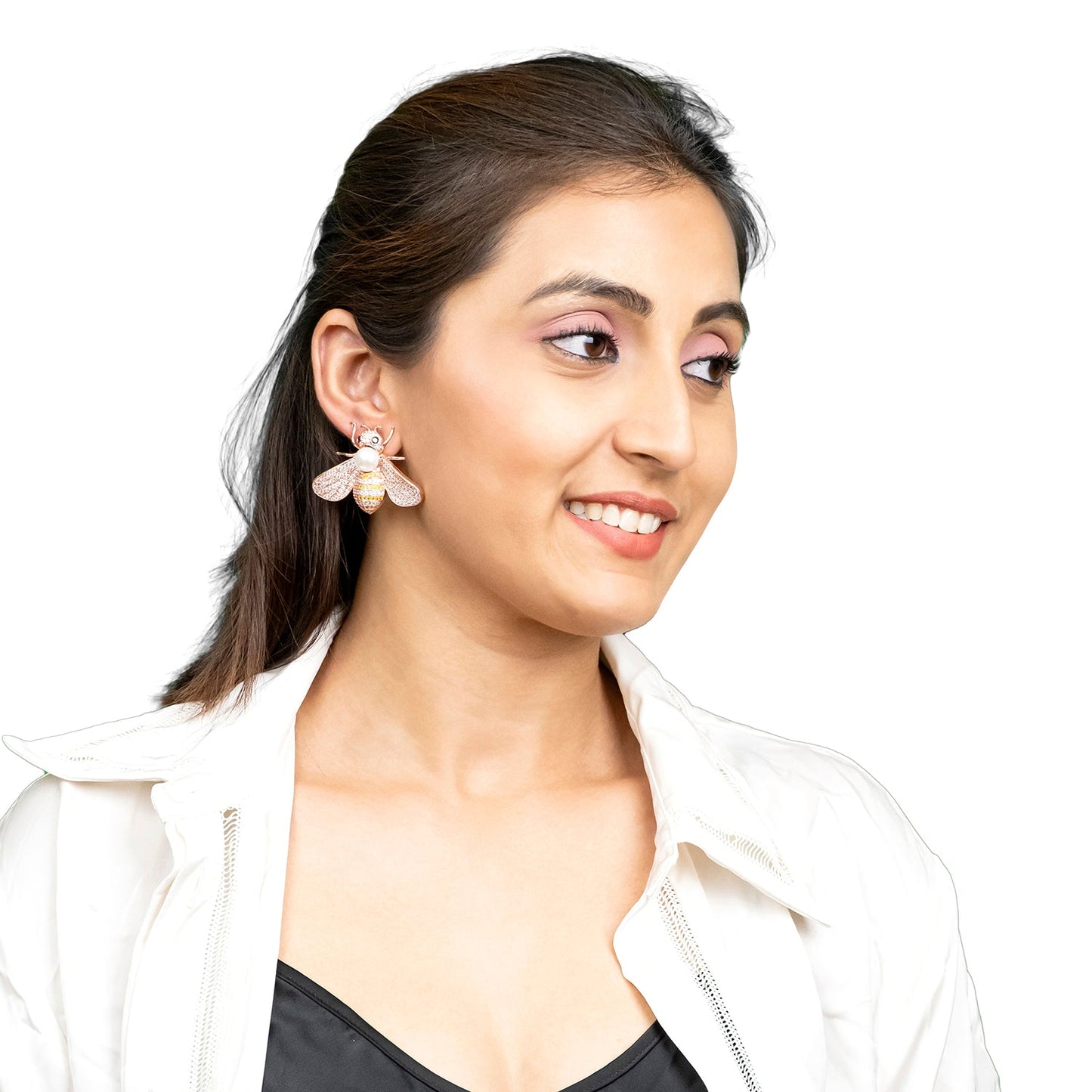 Western Design, CZ, Zirconia, Crystals, Pearls Rhodium Silver Plated Large Size Honey Bee Mosquito Bug Earrings for Women - (SJE_307_RG_Y)