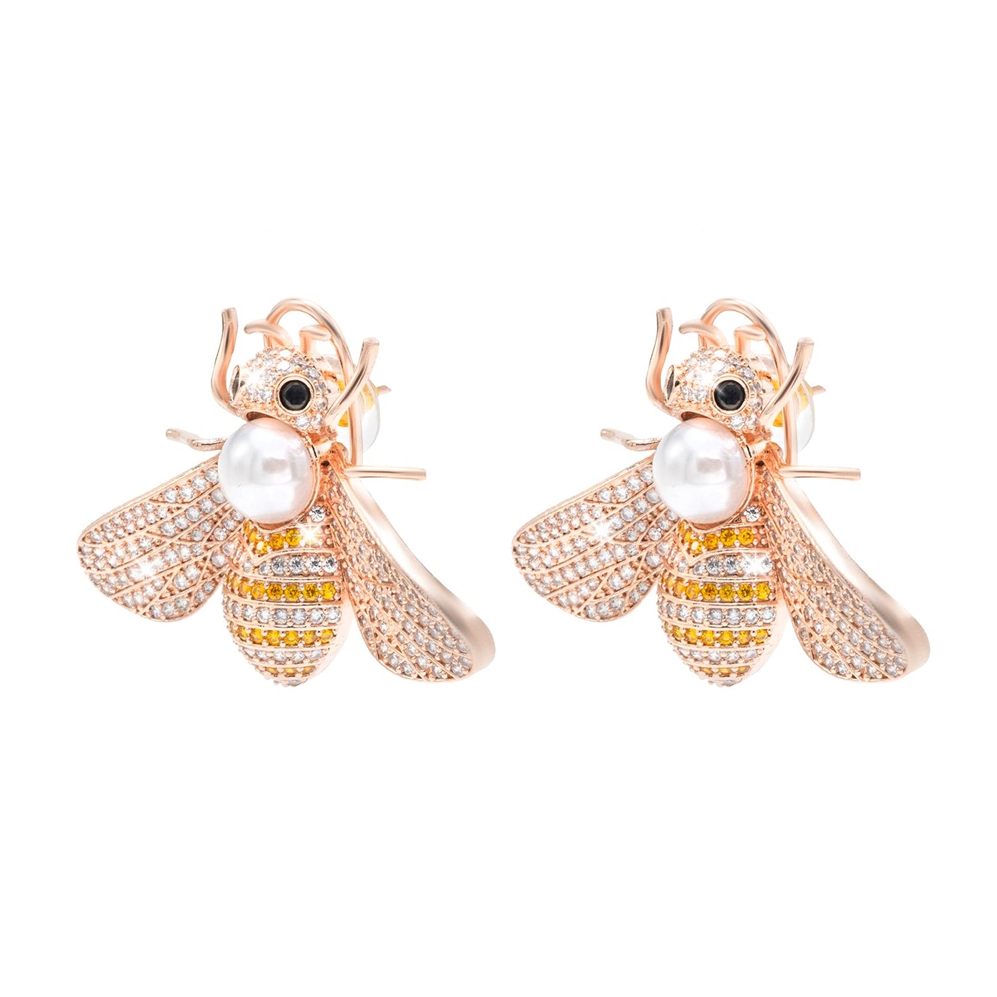 Western Design, CZ, Zirconia, Crystals, Pearls Rhodium Silver Plated Large Size Honey Bee Mosquito Bug Earrings for Women - (SJE_307_RG_Y)