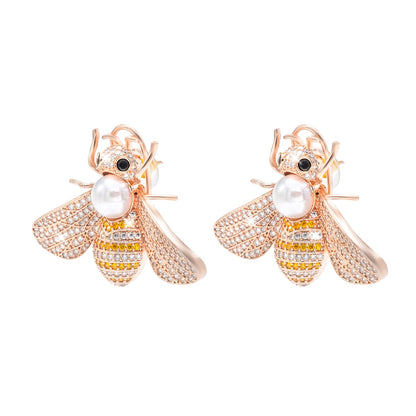 Western Design, CZ, Zirconia, Crystals, Pearls Rhodium Silver Plated Large Size Honey Bee Mosquito Bug Earrings for Women - (SJE_307_RG_Y)
