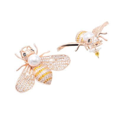 Western Design, CZ, Zirconia, Crystals, Pearls Rhodium Silver Plated Large Size Honey Bee Mosquito Bug Earrings for Women - (SJE_307_RG_Y)