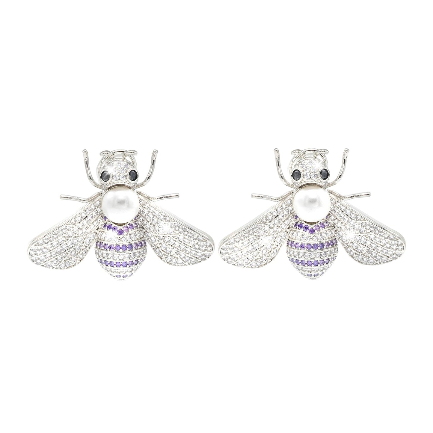 Western Design, CZ, Zirconia, Crystals, Pearls Rhodium Silver Plated Large Size Honey Bee Mosquito Bug Earrings for Women - (SJE_307_S_BL)