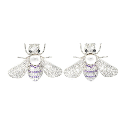 Western Design, CZ, Zirconia, Crystals, Pearls Rhodium Silver Plated Large Size Honey Bee Mosquito Bug Earrings for Women - (SJE_307_S_BL)