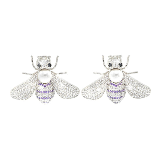 Western Design, CZ, Zirconia, Crystals, Pearls Rhodium Silver Plated Large Size Honey Bee Mosquito Bug Earrings for Women - (SJE_307_S_BL)