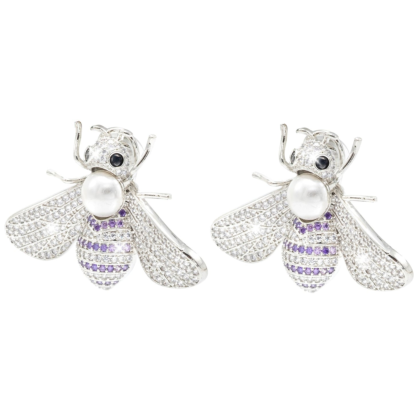 Western Design, CZ, Zirconia, Crystals, Pearls Rhodium Silver Plated Large Size Honey Bee Mosquito Bug Earrings for Women - (SJE_307_S_BL)