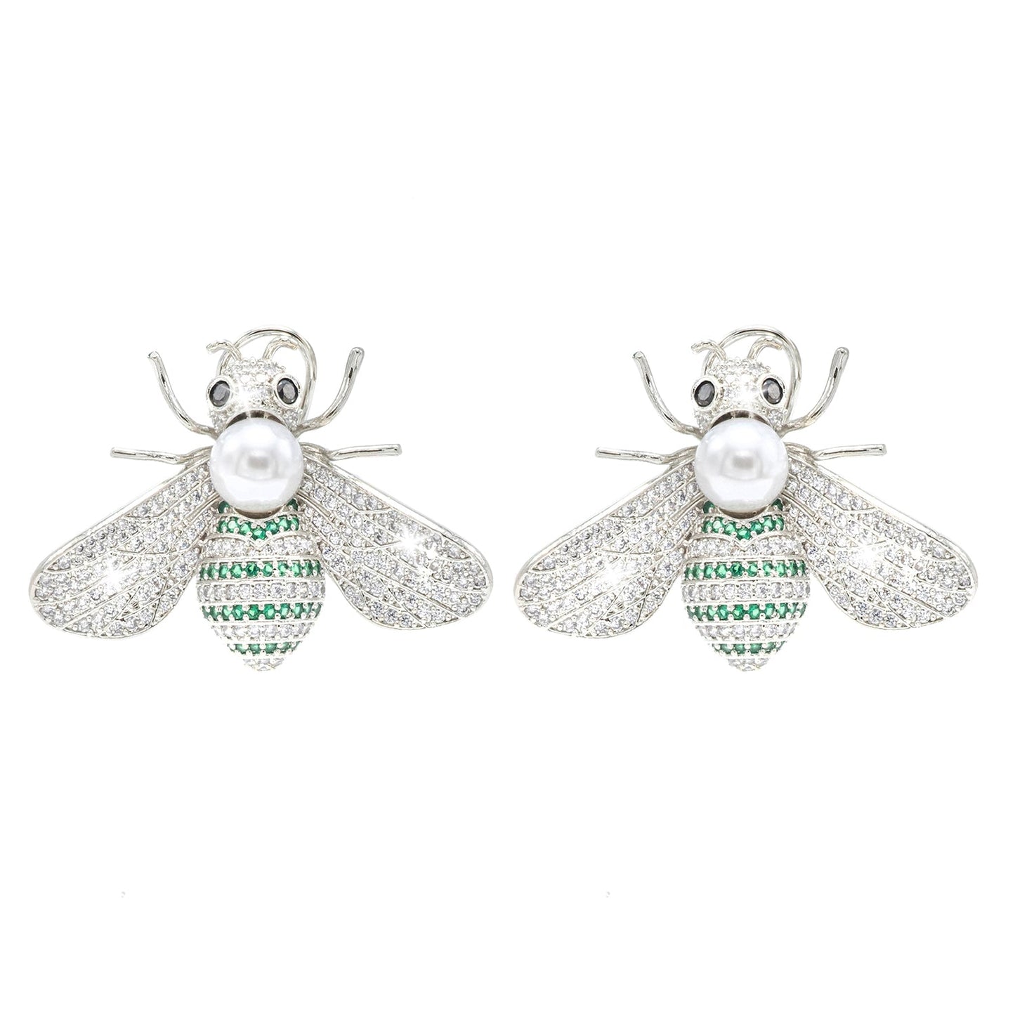 Western Design, CZ, Zirconia, Crystals, Pearls Rhodium Silver Plated Large Size Honey Bee Mosquito Bug Earrings for Women - (SJE_307_S_G)