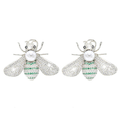 Western Design, CZ, Zirconia, Crystals, Pearls Rhodium Silver Plated Large Size Honey Bee Mosquito Bug Earrings for Women - (SJE_307_S_G)