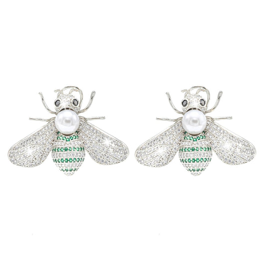 Western Design, CZ, Zirconia, Crystals, Pearls Rhodium Silver Plated Large Size Honey Bee Mosquito Bug Earrings for Women - (SJE_307_S_G)