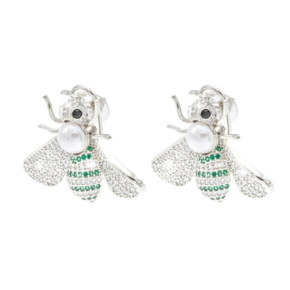Western Design, CZ, Zirconia, Crystals, Pearls Rhodium Silver Plated Large Size Honey Bee Mosquito Bug Earrings for Women - (SJE_307_S_G)