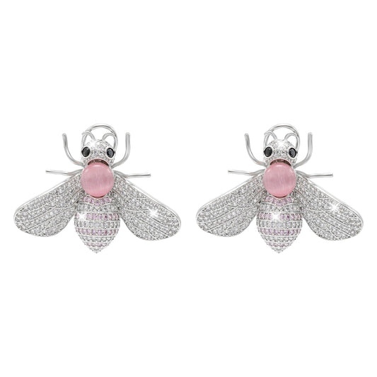 Western Design, CZ, Zirconia, Crystals, Pearls Rhodium Silver Plated Large Size Honey Bee Mosquito Bug Earrings for Women - (SJE_307_S_P)