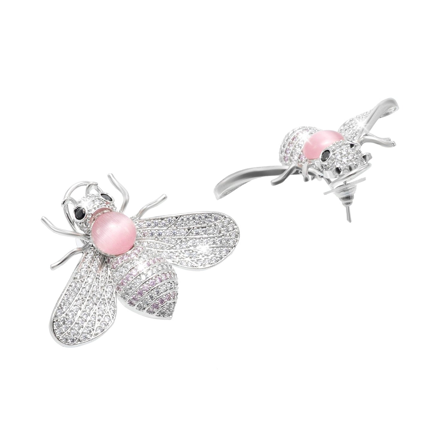 Western Design, CZ, Zirconia, Crystals, Pearls Rhodium Silver Plated Large Size Honey Bee Mosquito Bug Earrings for Women - (SJE_307_S_P)