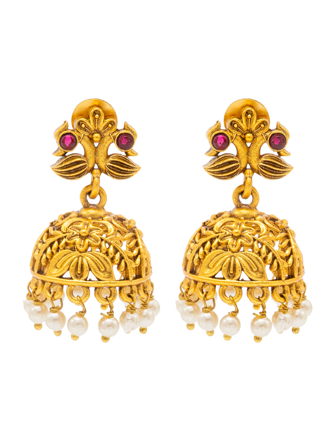 Traditional Indian Temple jewellery inspired Matte Gold-Plated Medium Size Jhumka Earrings with Kundan & Pearl for (Brides) Women - Peacock Design (SJE.309)