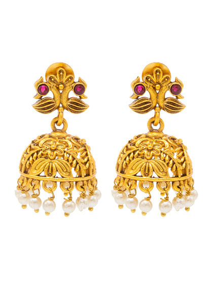 Traditional Indian Temple jewellery inspired Matte Gold-Plated Medium Size Jhumka Earrings with Kundan & Pearl for (Brides) Women - Peacock Design (SJE.309)