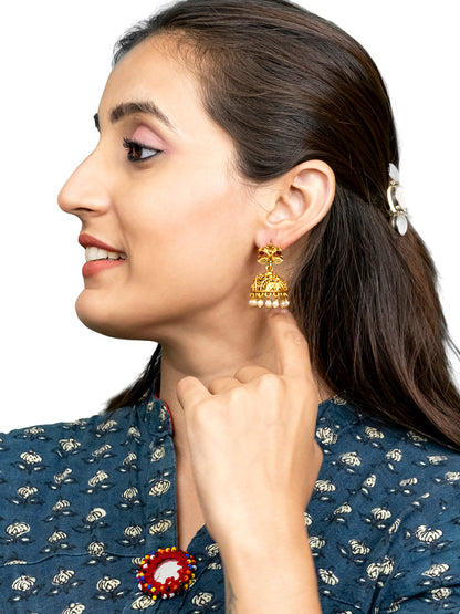 Traditional Indian Temple jewellery inspired Matte Gold-Plated Medium Size Jhumka Earrings with Kundan & Pearl for (Brides) Women - Peacock Design (SJE.309)