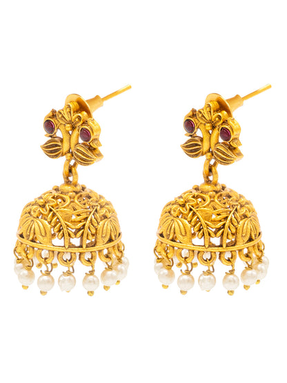Traditional Indian Temple jewellery inspired Matte Gold-Plated Medium Size Jhumka Earrings with Kundan & Pearl for (Brides) Women - Peacock Design (SJE.309)