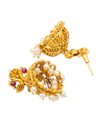 Traditional Indian Temple jewellery inspired Matte Gold-Plated Medium Size Jhumka Earrings with Kundan & Pearl for (Brides) Women - Peacock Design (SJE.309)