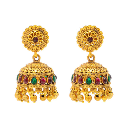 Traditional Indian Temple jewellery inspired Matte Gold-Plated Jhumka Earrings with Kundan & Pearl for (Brides) Women (SJE.310)