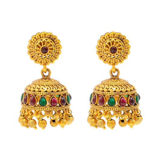 Traditional Indian Temple jewellery inspired Matte Gold-Plated Jhumka Earrings with Kundan & Pearl for (Brides) Women (SJE.310)