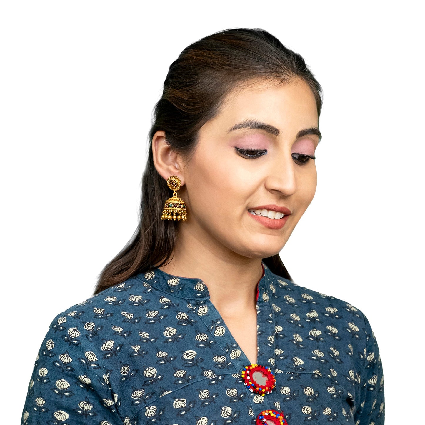 Traditional Indian Temple jewellery inspired Matte Gold-Plated Jhumka Earrings with Kundan & Pearl for (Brides) Women (SJE.310)