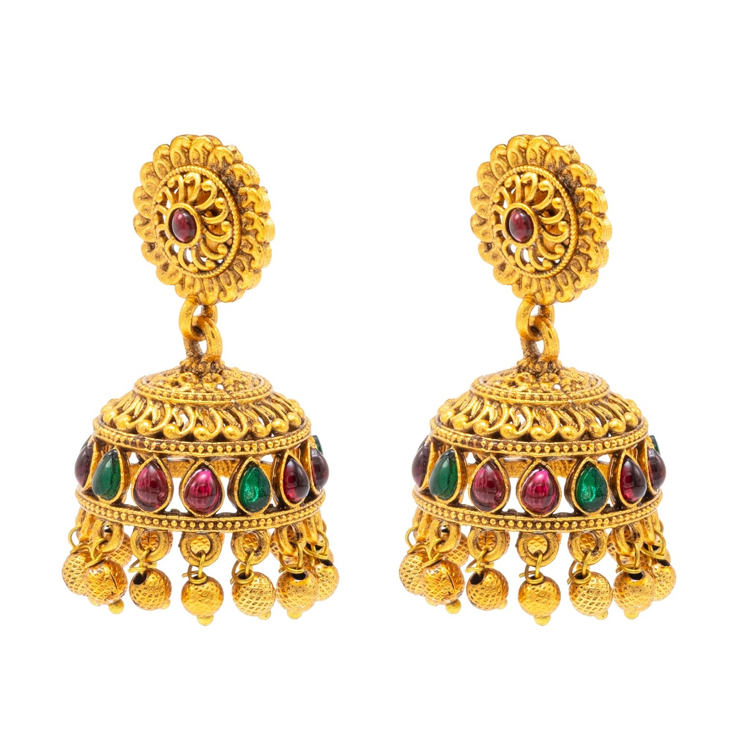 Traditional Indian Temple jewellery inspired Matte Gold-Plated Jhumka Earrings with Kundan & Pearl for (Brides) Women (SJE.310)