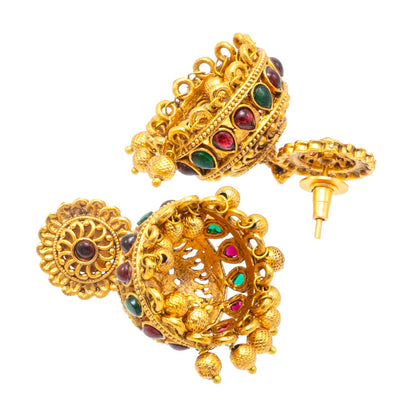 Traditional Indian Temple jewellery inspired Matte Gold-Plated Jhumka Earrings with Kundan & Pearl for (Brides) Women (SJE.310)