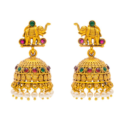 Traditional Indian Temple jewellery inspired Matte Gold-Plated Medium Size Jhumka Earrings with Kundan & Pearl for (Brides) Women - Elephant Design (SJE.311)