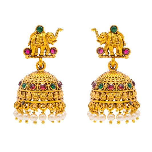 Traditional Indian Temple jewellery inspired Matte Gold-Plated Medium Size Jhumka Earrings with Kundan & Pearl for (Brides) Women - Elephant Design (SJE.311)
