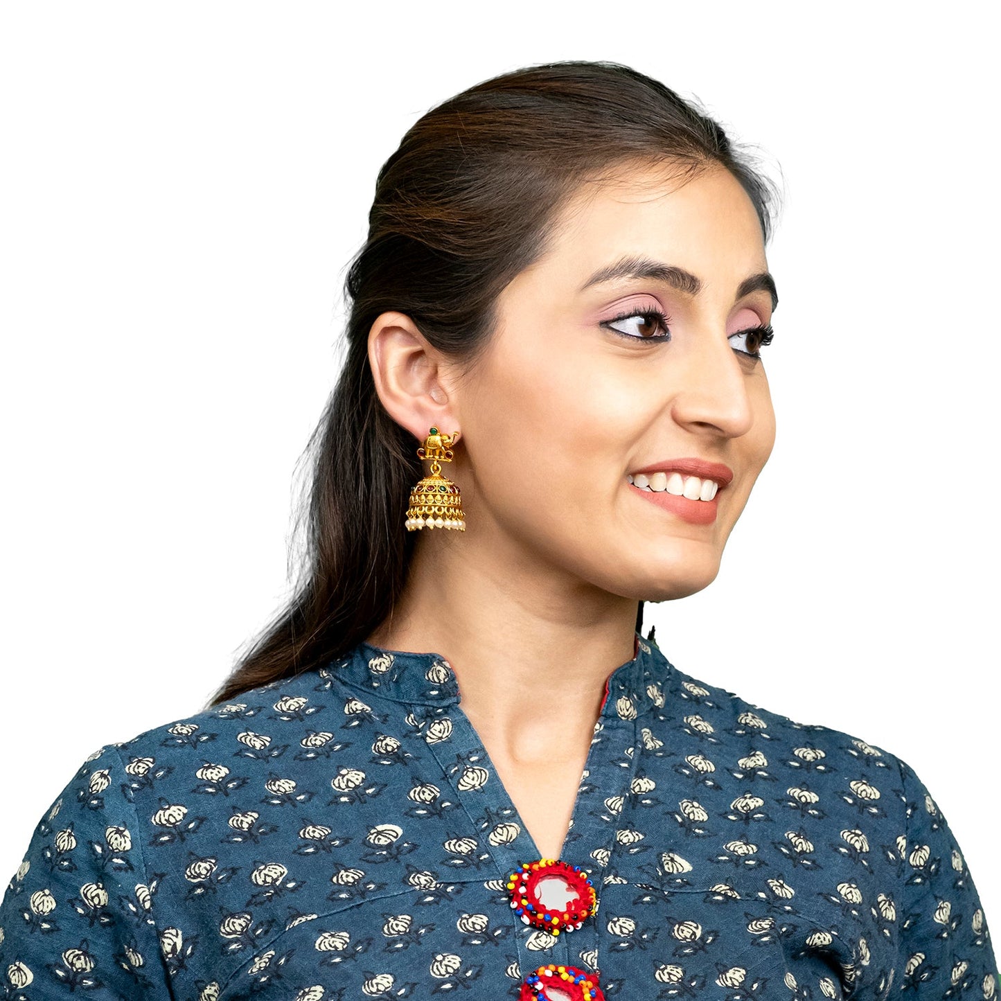 Traditional Indian Temple jewellery inspired Matte Gold-Plated Medium Size Jhumka Earrings with Kundan & Pearl for (Brides) Women - Elephant Design (SJE.311)