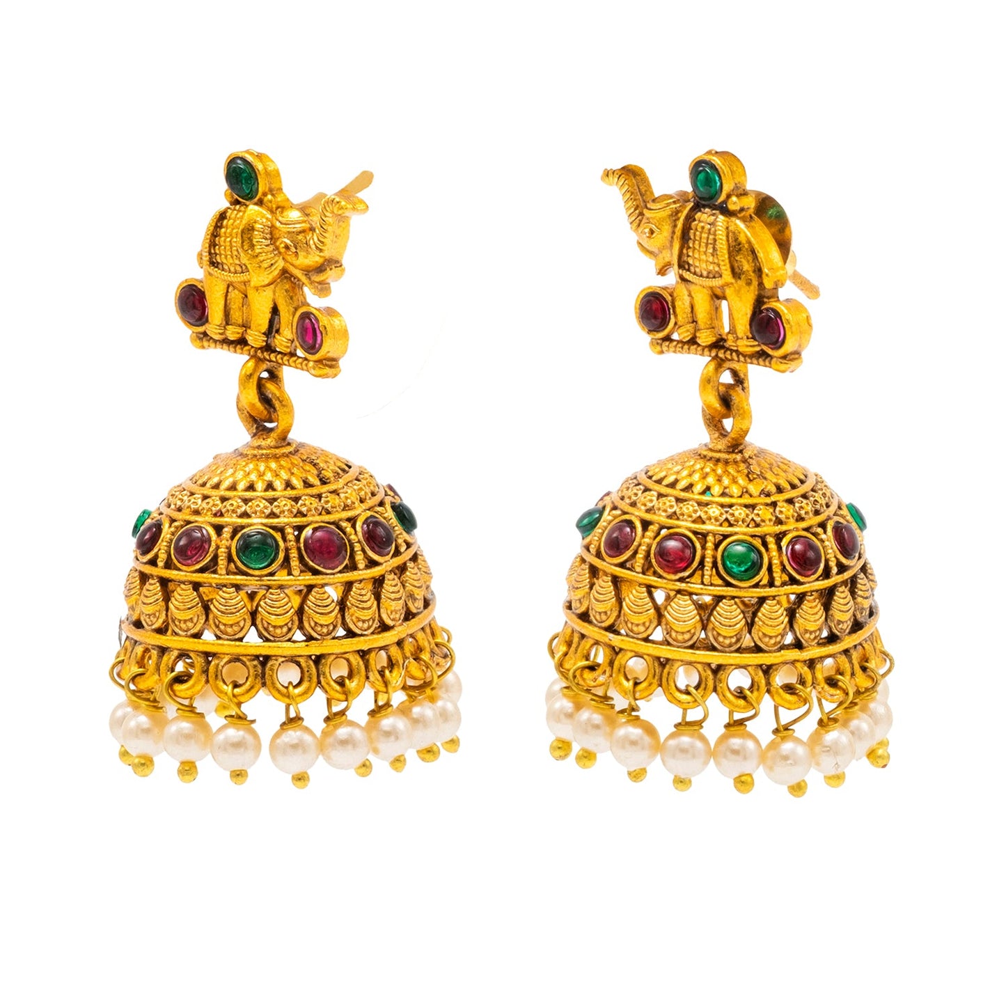 Traditional Indian Temple jewellery inspired Matte Gold-Plated Medium Size Jhumka Earrings with Kundan & Pearl for (Brides) Women - Elephant Design (SJE.311)