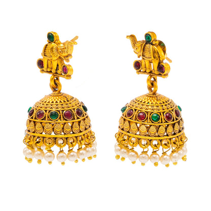 Traditional Indian Temple jewellery inspired Matte Gold-Plated Medium Size Jhumka Earrings with Kundan & Pearl for (Brides) Women - Elephant Design (SJE.311)