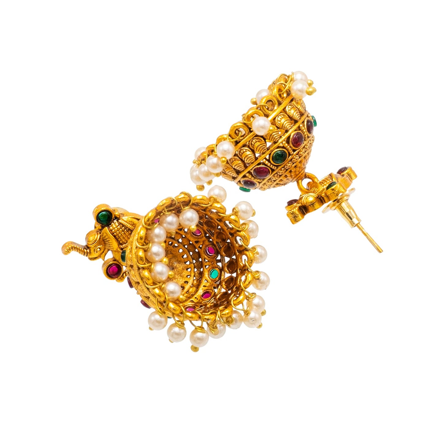 Traditional Indian Temple jewellery inspired Matte Gold-Plated Medium Size Jhumka Earrings with Kundan & Pearl for (Brides) Women - Elephant Design (SJE.311)