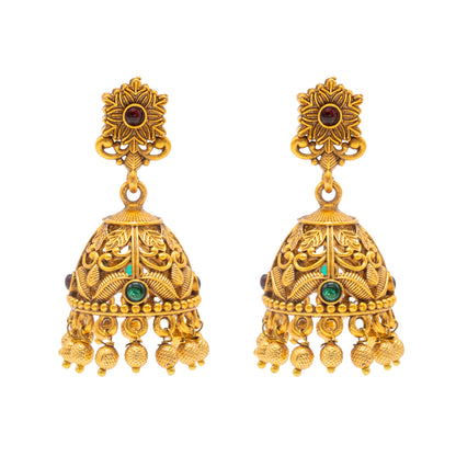 Temple Design Matte Gold Jhumka Earrings Combo (Set of 2) | Kundan & Pearl Traditional Bridal Jewellery for Women - SJEC_89