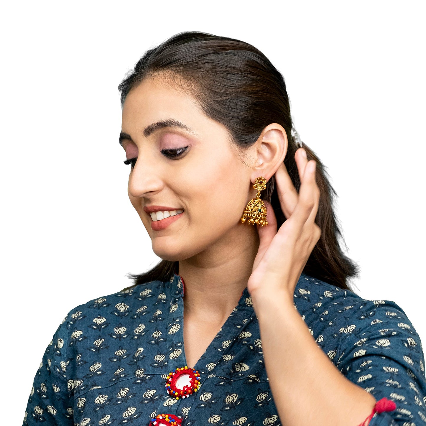 Traditional Indian Temple jewellery inspired Matte Gold-Plated Medium Size Jhumka Earrings with Kundan & Pearl for (Brides) Women (SJE.312)