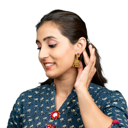 Traditional Indian Temple jewellery inspired Matte Gold-Plated Medium Size Jhumka Earrings with Kundan & Pearl for (Brides) Women (SJE.312)