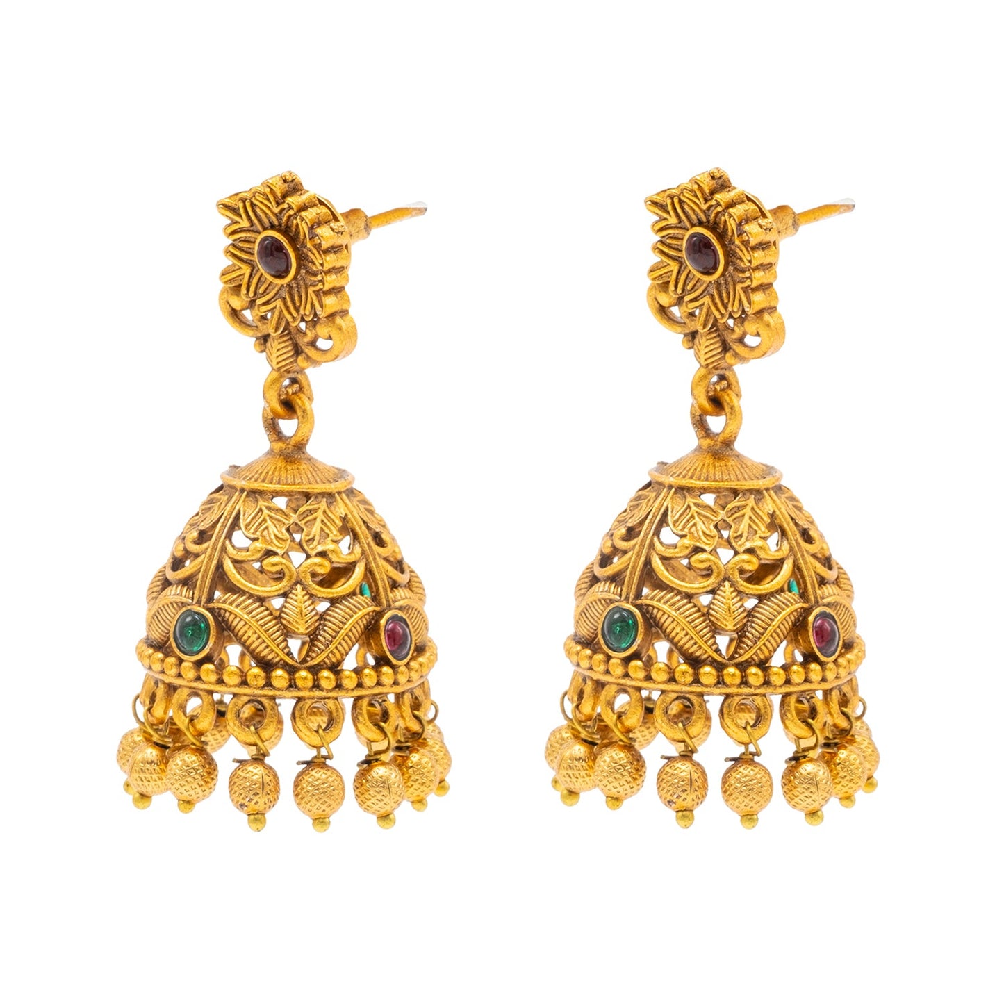Traditional Indian Temple jewellery inspired Matte Gold-Plated Medium Size Jhumka Earrings with Kundan & Pearl for (Brides) Women (SJE.312)